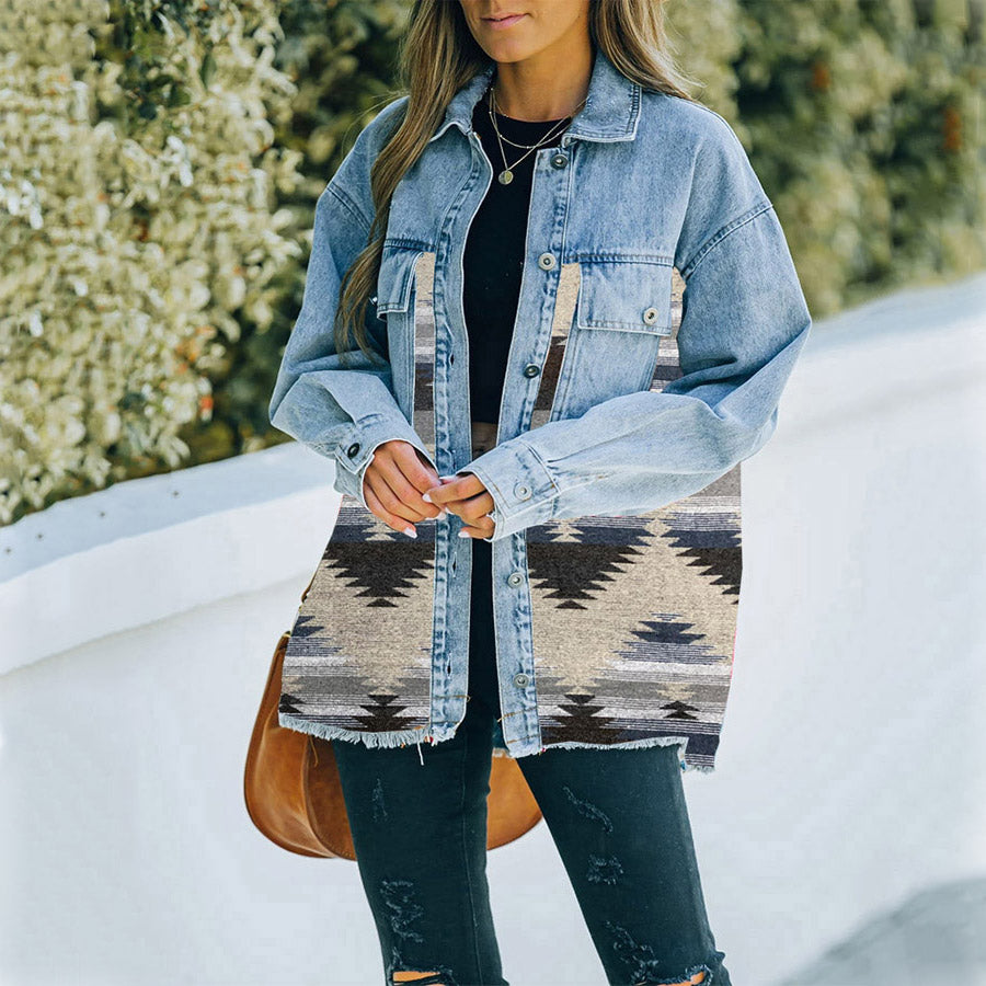 Fall Winter New Aztec Collared Pocket Denim Patchwork Wool Coat Women Retro Jacket