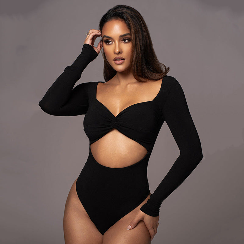 Clothing Sexy All Matching Solid Color V neck Long Sleeve Hollow Out Cutout Cropped Jumpsuit