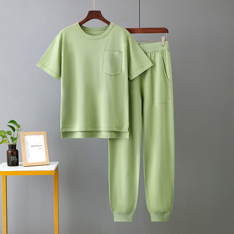 Summer Harem Pants Short Sleeve Solid Color Two Piece Set Ladies Casual Set