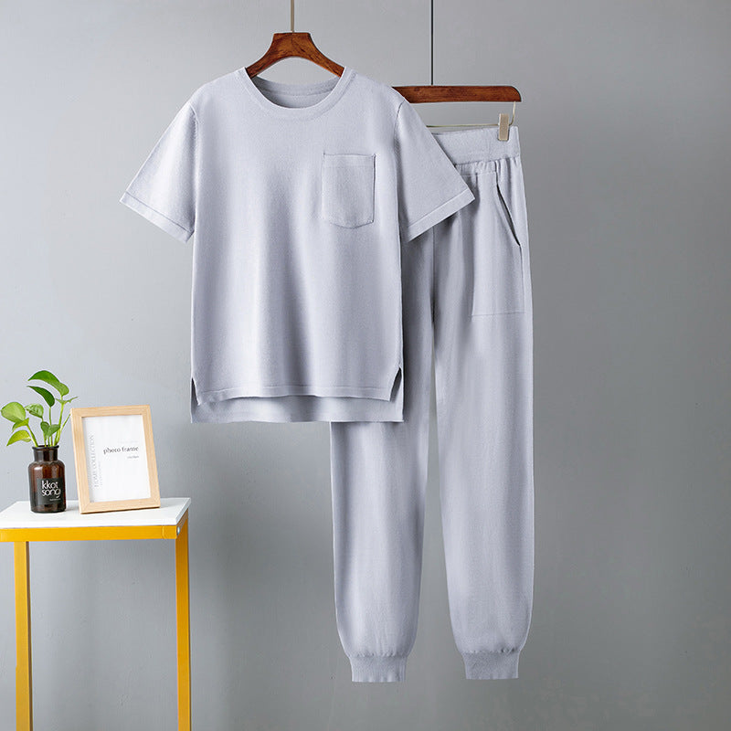 Summer Harem Pants Short Sleeve Solid Color Two Piece Set Ladies Casual Set