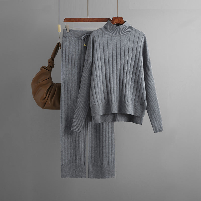 Winter Sunken Stripe Mock Neck Sweater Suit Solid Color Loose Warm Pullover Two Piece Set