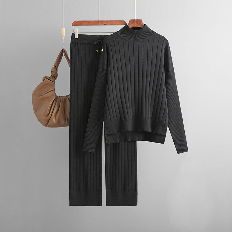 Winter Sunken Stripe Mock Neck Sweater Suit Solid Color Loose Warm Pullover Two Piece Set