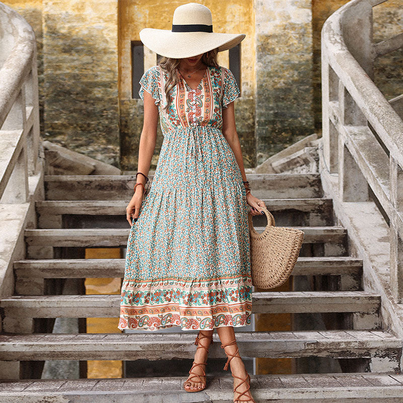 Arrival Maxi Dress Vintage Printed Green Slimming Dress for Women Summer