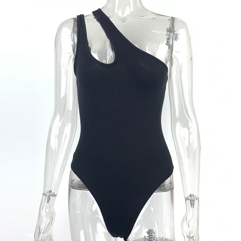 Summer Women Sexy Slim Cotton Rib One Shoulder Hollow Out Cutout Out Jumpsuit