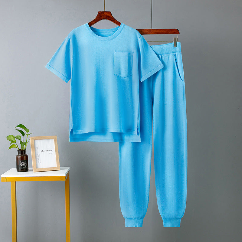 Summer Harem Pants Short Sleeve Solid Color Two Piece Set Ladies Casual Set