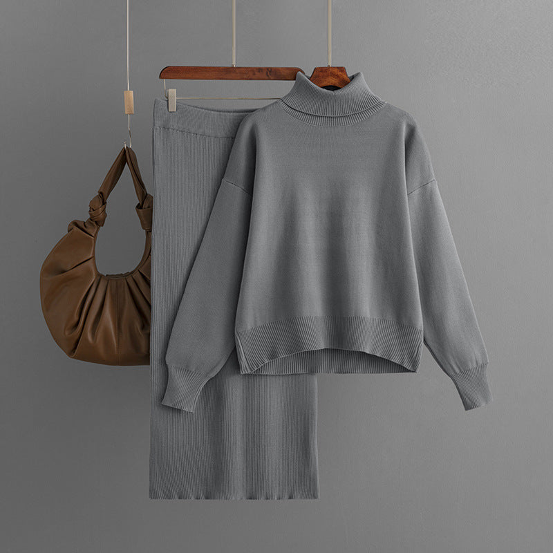 Knitting Suit Women Autumn Winter Solid Color Turtleneck Sweater Sheath Skirt Two Piece Set
