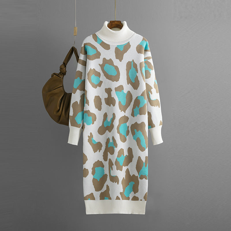 Autumn Winter Turtleneck Base Knitted Dress Leopard Print Maxi Dress for Women