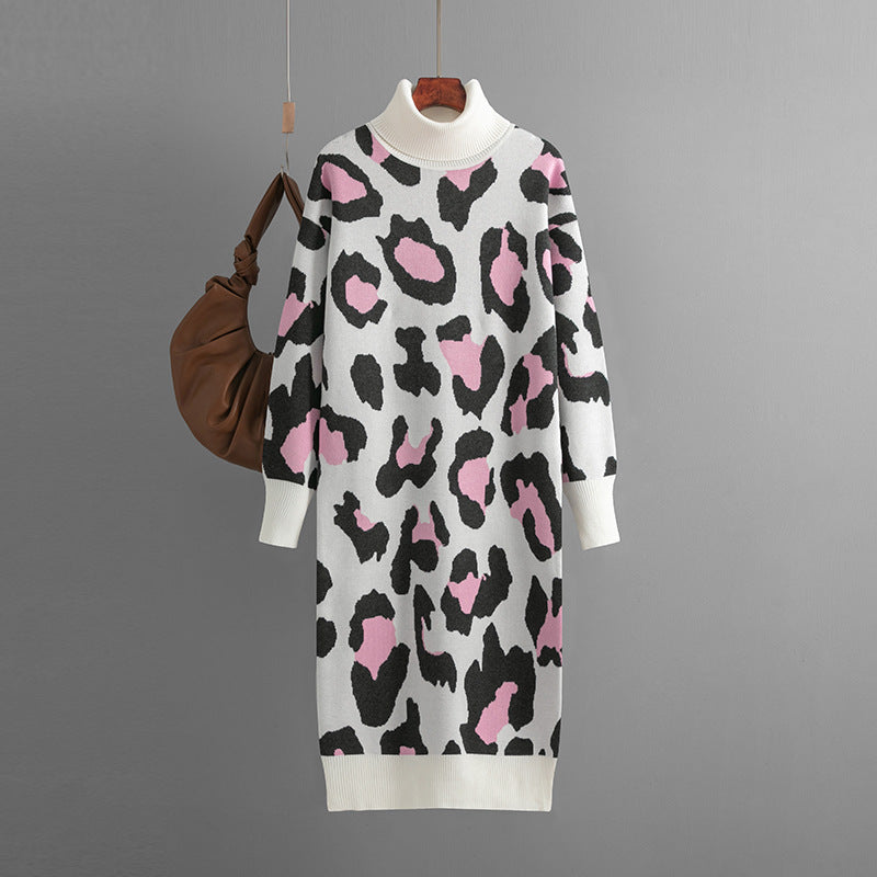 Autumn Winter Turtleneck Base Knitted Dress Leopard Print Maxi Dress for Women