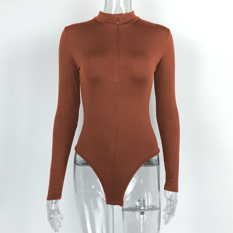 Autumn Winter Bottoming Shirt Women Clothing Long Sleeve Zipper Tight Bodysuit