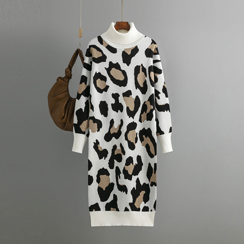 Autumn Winter Turtleneck Base Knitted Dress Leopard Print Maxi Dress for Women