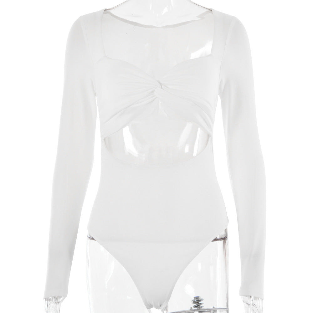 Clothing Sexy All Matching Solid Color V neck Long Sleeve Hollow Out Cutout Cropped Jumpsuit