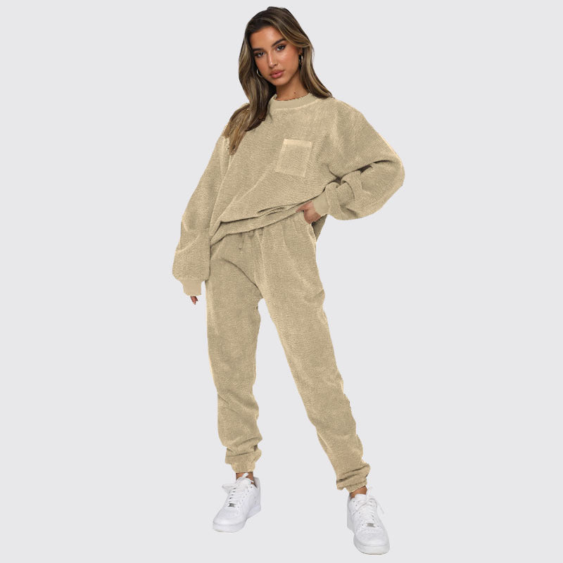 Autumn Winter Corduroy Solid Color round Neck