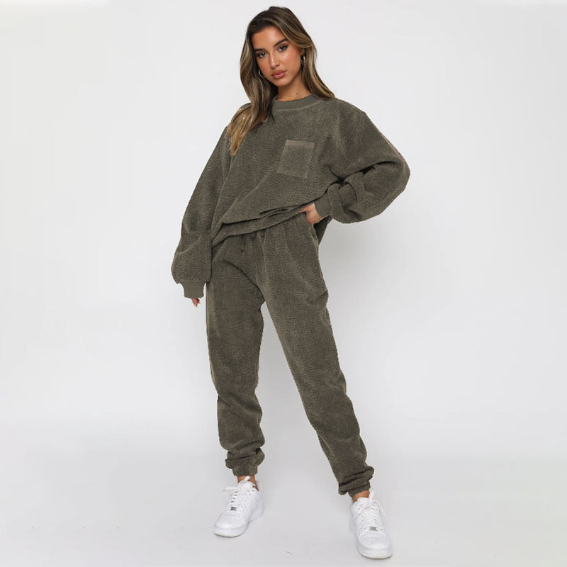 Autumn Winter Corduroy Solid Color round Neck