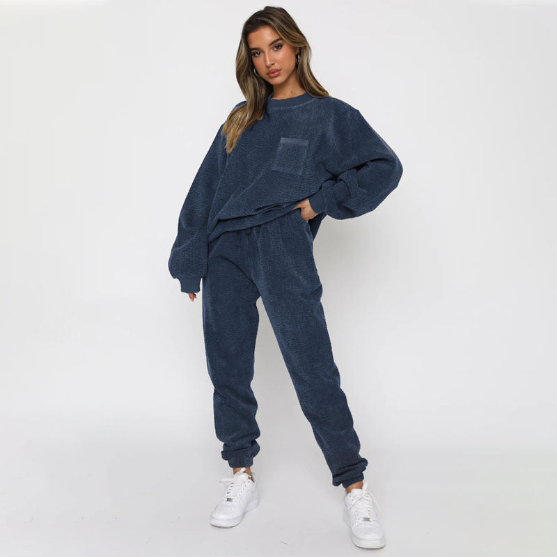 Autumn Winter Corduroy Solid Color round Neck
