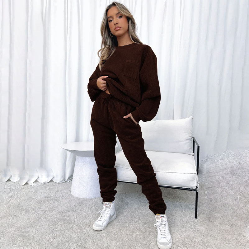 Autumn Winter Corduroy Solid Color round Neck