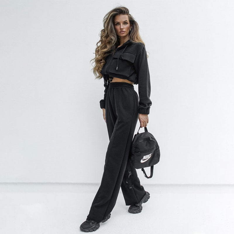 Autumn Winter Solid Color Zipper Double Suit Women