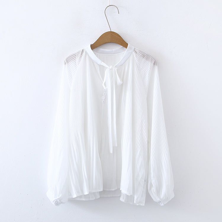 Women Spring Fall Elegant Regular Tie Neck Long Sleeve Blouses