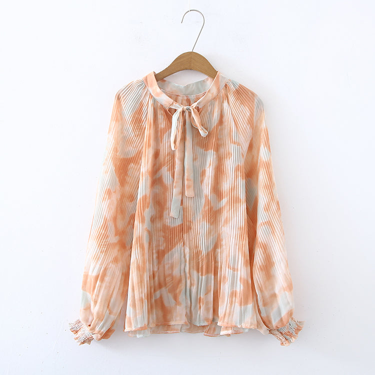 Women Spring Fall Elegant Regular Tie Dye Tie Neck Long Sleeve Blouses