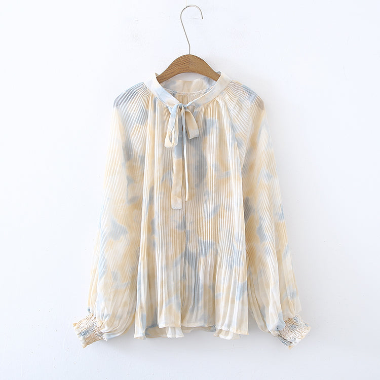 Women Spring Fall Elegant Regular Tie Dye Tie Neck Long Sleeve Blouses