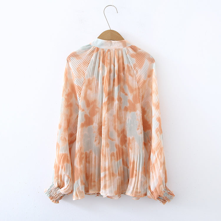 Women Spring Fall Elegant Regular Tie Dye Tie Neck Long Sleeve Blouses