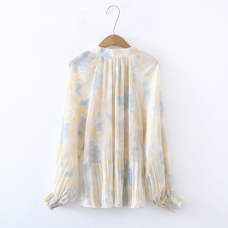 Women Spring Fall Elegant Regular Tie Dye Tie Neck Long Sleeve Blouses