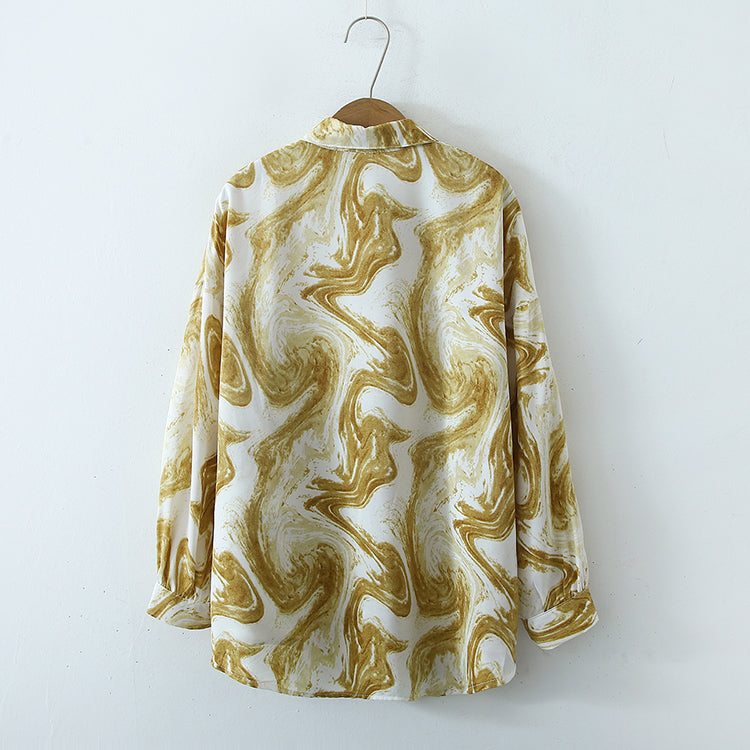 Women Spring Fall Casual Office Collared Long Sleeve Swirl Print Shirts