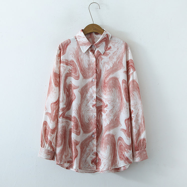 Women Spring Fall Casual Office Collared Long Sleeve Swirl Print Shirts