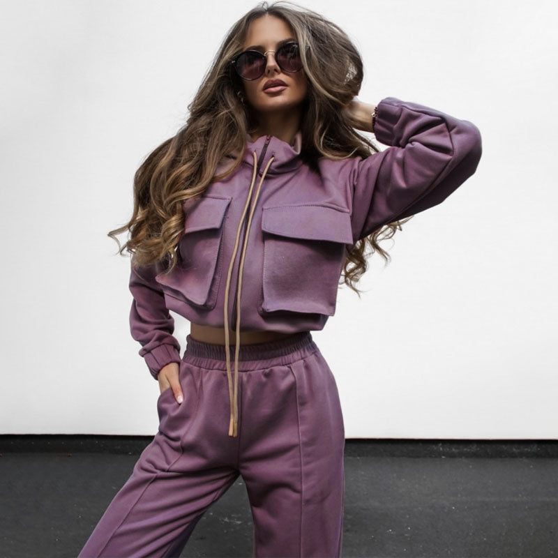 Autumn Winter Solid Color Zipper Double Suit Women