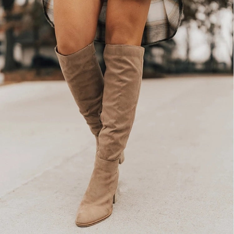 Women Suede Chunky Heel Pointed Toe Side Zip Solid Color Knight Boots