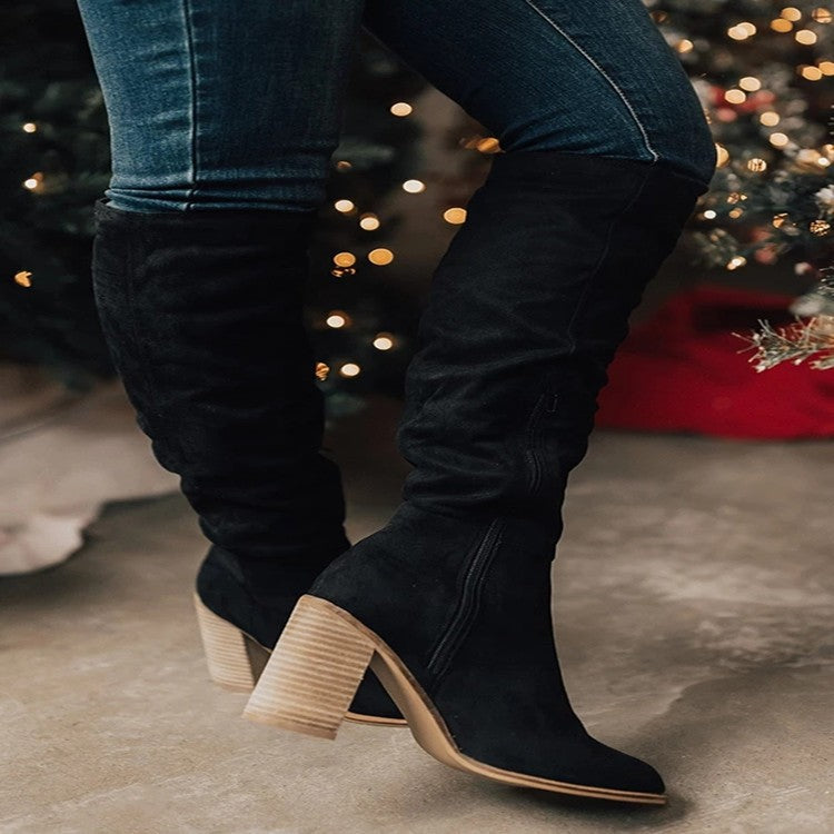 Women Suede Chunky Heel Pointed Toe Side Zip Solid Color Knight Boots