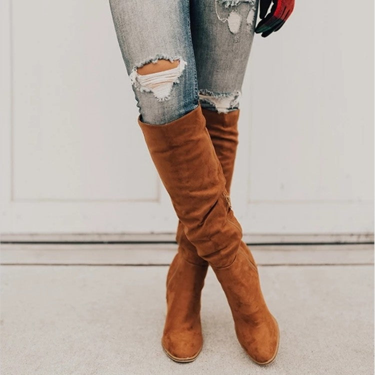 Women Suede Chunky Heel Pointed Toe Side Zip Solid Color Knight Boots