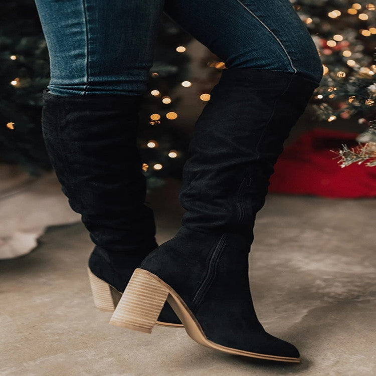 Women Suede Chunky Heel Pointed Toe Side Zip Solid Color Knight Boots