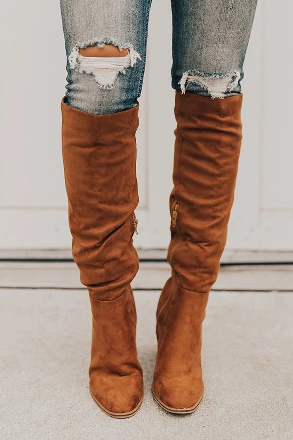 Women Suede Chunky Heel Pointed Toe Side Zip Solid Color Knight Boots
