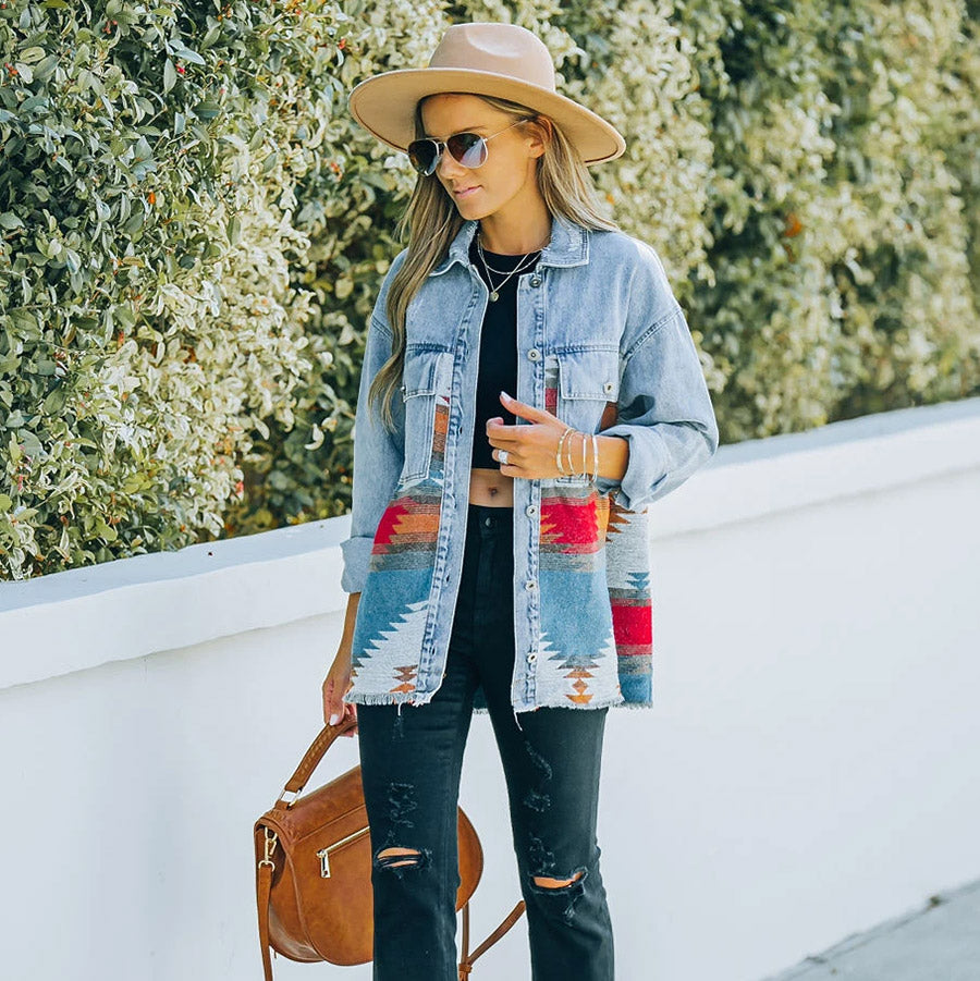 Fall Winter New Aztec Collared Pocket Denim Patchwork Wool Coat Women Retro Jacket