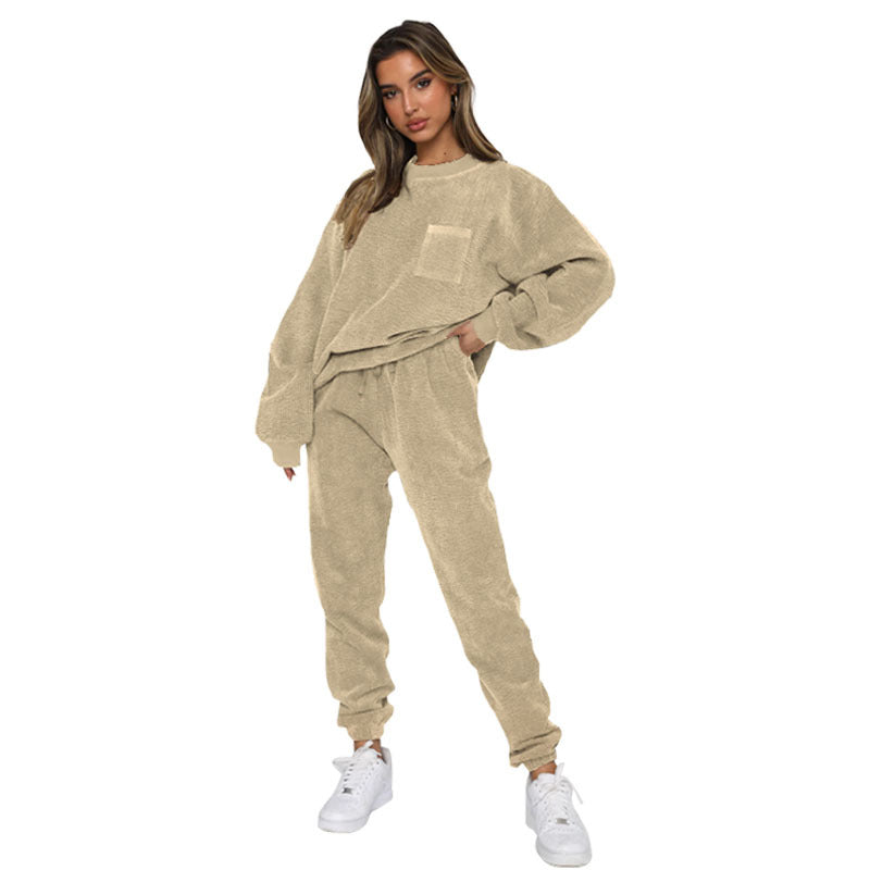 Autumn Winter Corduroy Solid Color round Neck