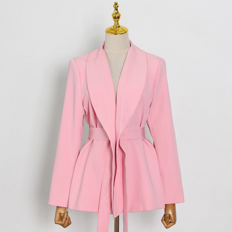 Autumn Winter Blouse Pants Pink Simple Lace Suit High Waist