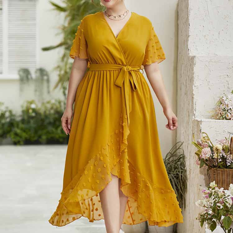 Plus Size High Waist Black Polka Dot Elastic Waist Printed Dress Women