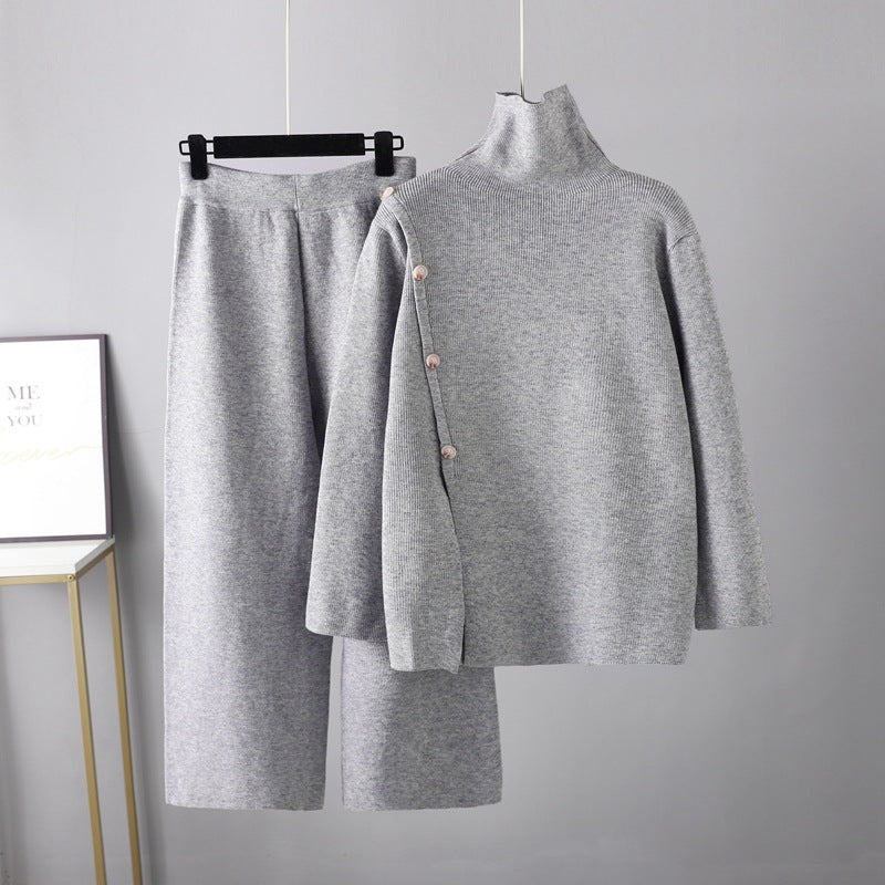 Niche Stand Collar Slit Knitted Turtleneck Sweater Two Piece Set