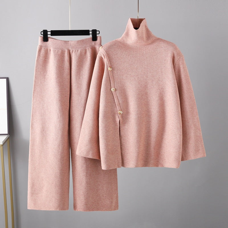 Niche Stand Collar Slit Knitted Turtleneck Sweater Two Piece Set