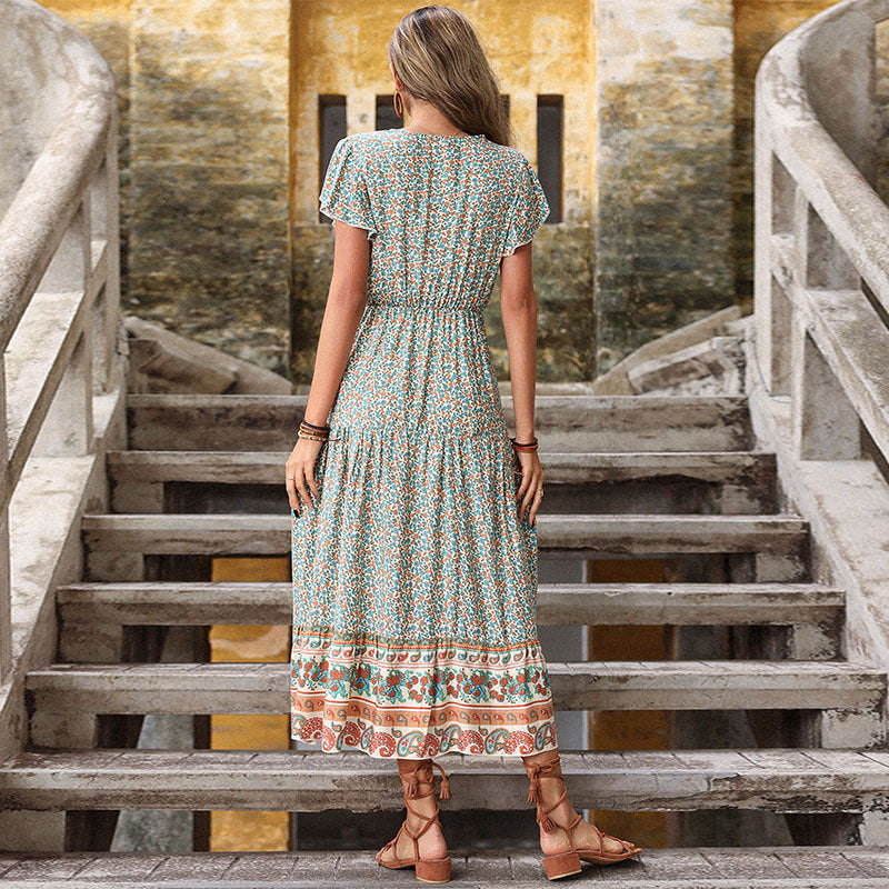 Arrival Maxi Dress Vintage Printed Green Slimming Dress for Women Summer