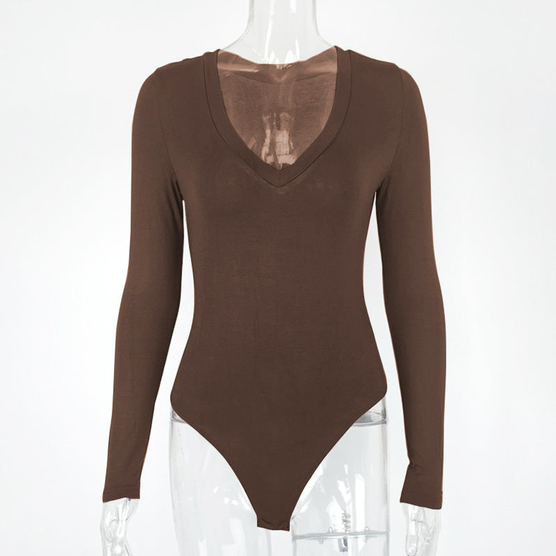 Autumn Winter Bottoming Shirt Tight Sexy Women Clothing Modal Long Sleeve V-neck Bodysuit