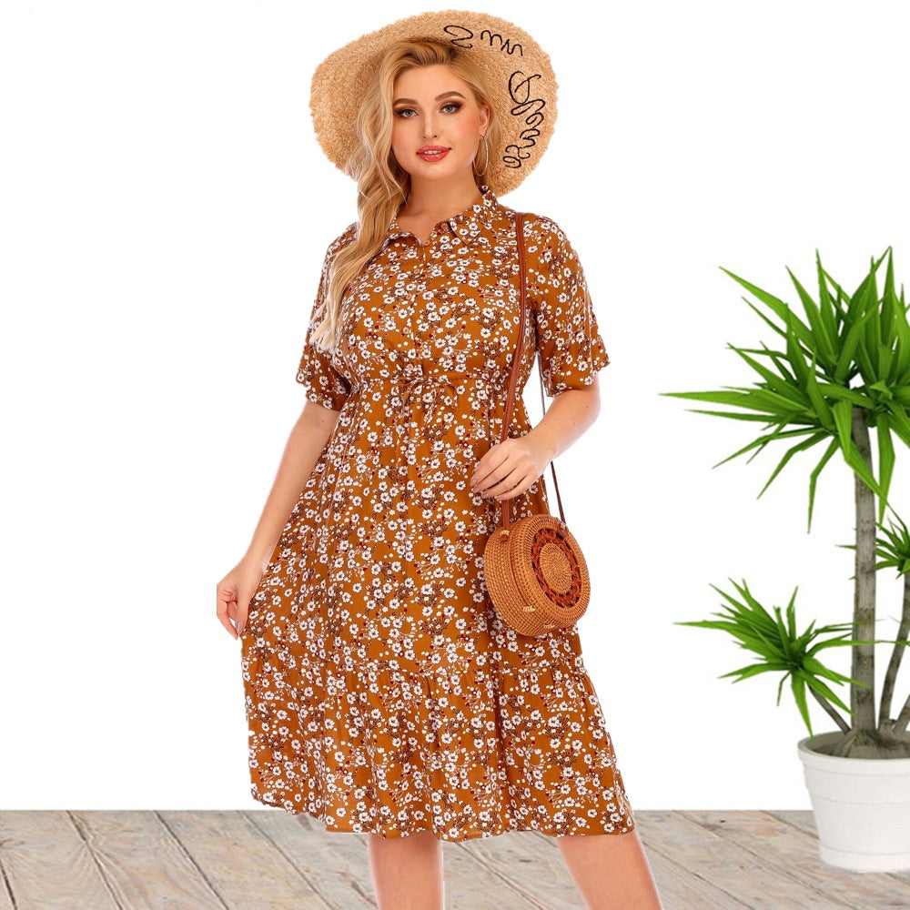 Plus Size Summer Women Clothes Short Sleeve Blouse Collar Printing Rayon Dress