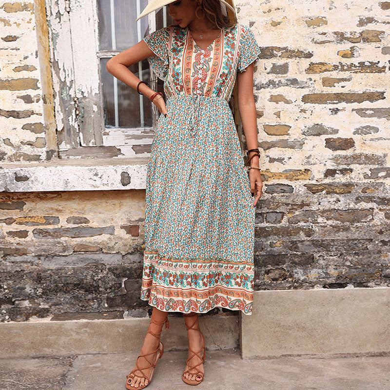 Arrival Maxi Dress Vintage Printed Green Slimming Dress for Women Summer