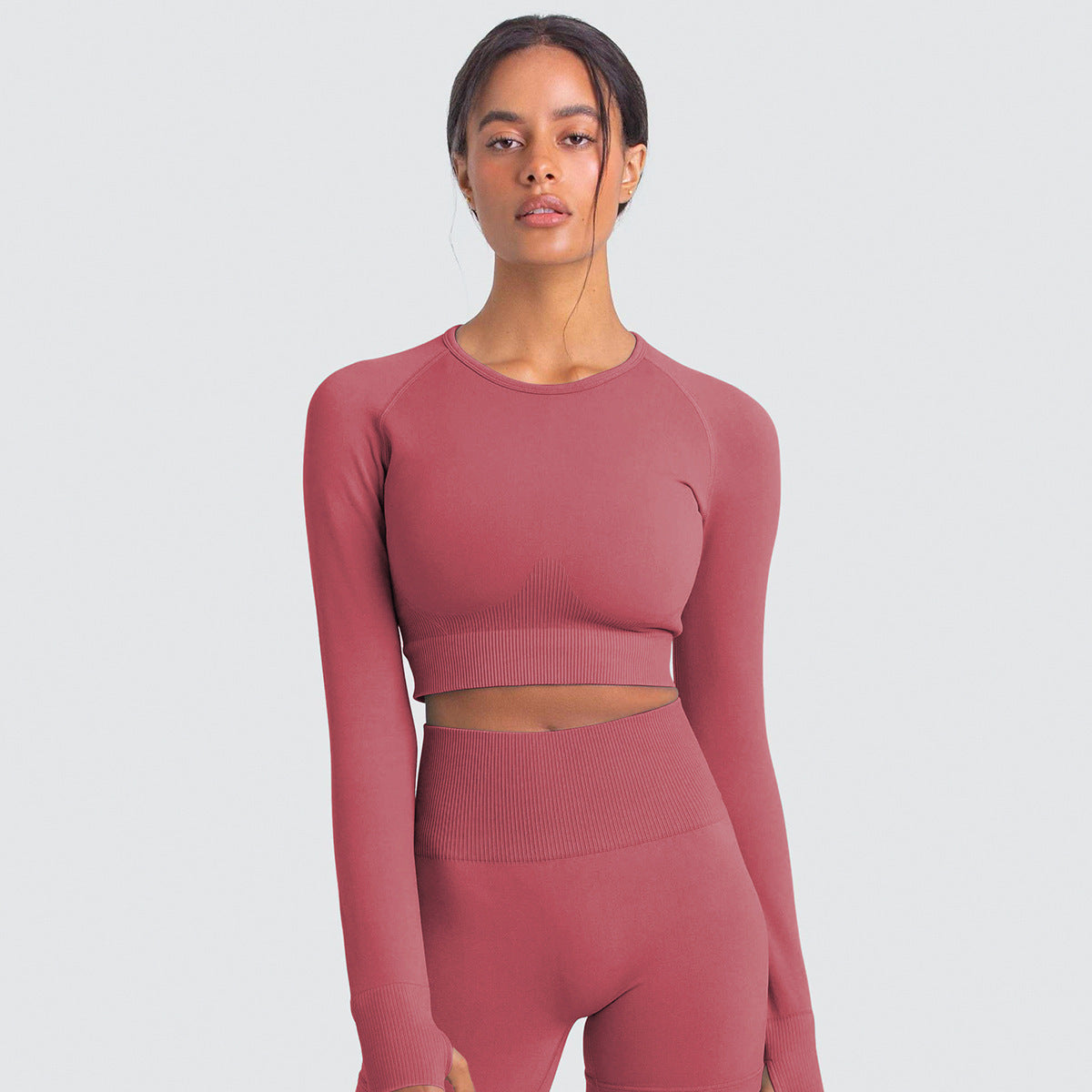 Knitted Solid Color Seamless Long-Sleeved Trousers Yoga Suit Sports Fitness Two-Piece Set