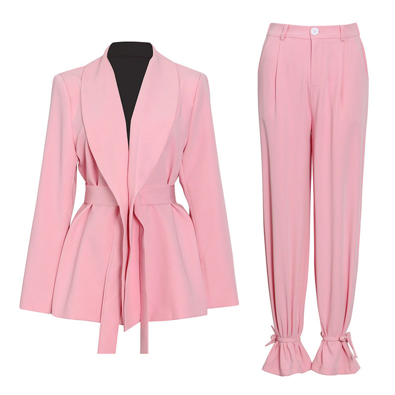 Autumn Winter Blouse Pants Pink Simple Lace Suit High Waist