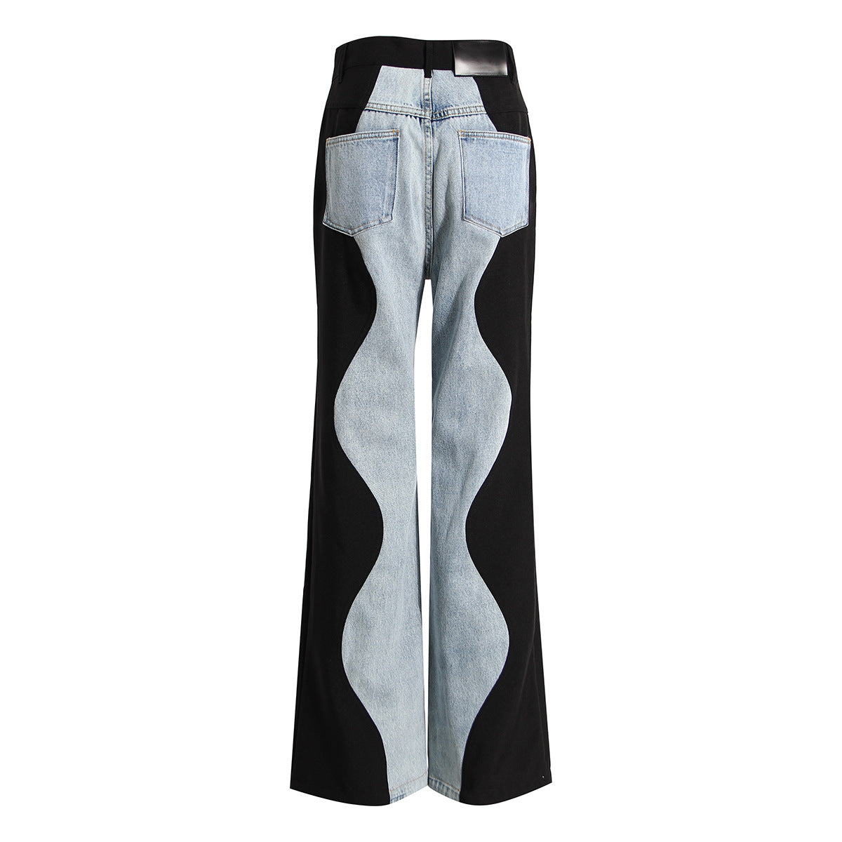 Black Blue Wave Denim Stitching Straight Wide-Leg Pants for Women Summer Internet Celebrity Street Smart Trousers