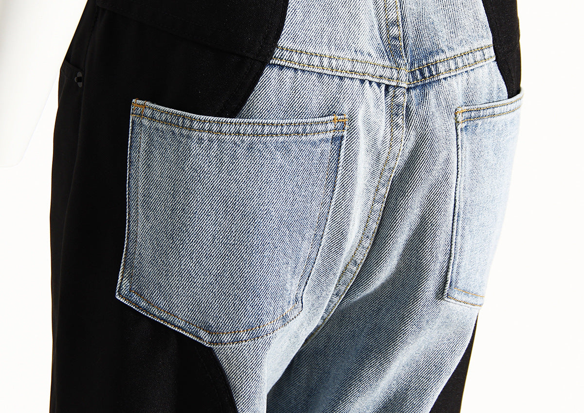 Black Blue Wave Denim Stitching Straight Wide-Leg Pants for Women Summer Internet Celebrity Street Smart Trousers