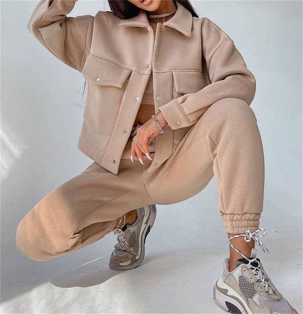 Autumn Winter Solid Color Sweatshirt Two Piece Set for Women