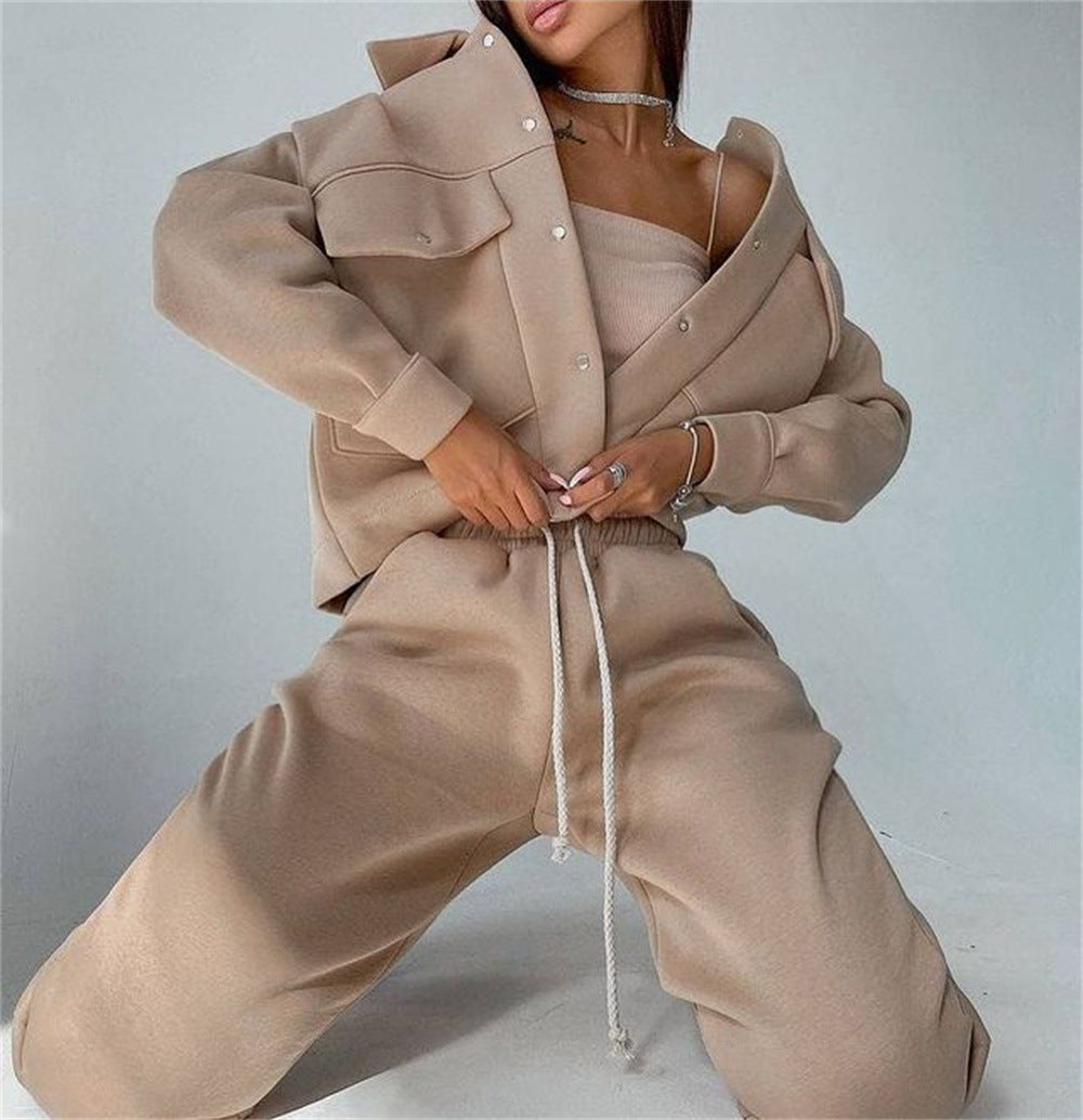 Autumn Winter Solid Color Sweatshirt Two Piece Set for Women