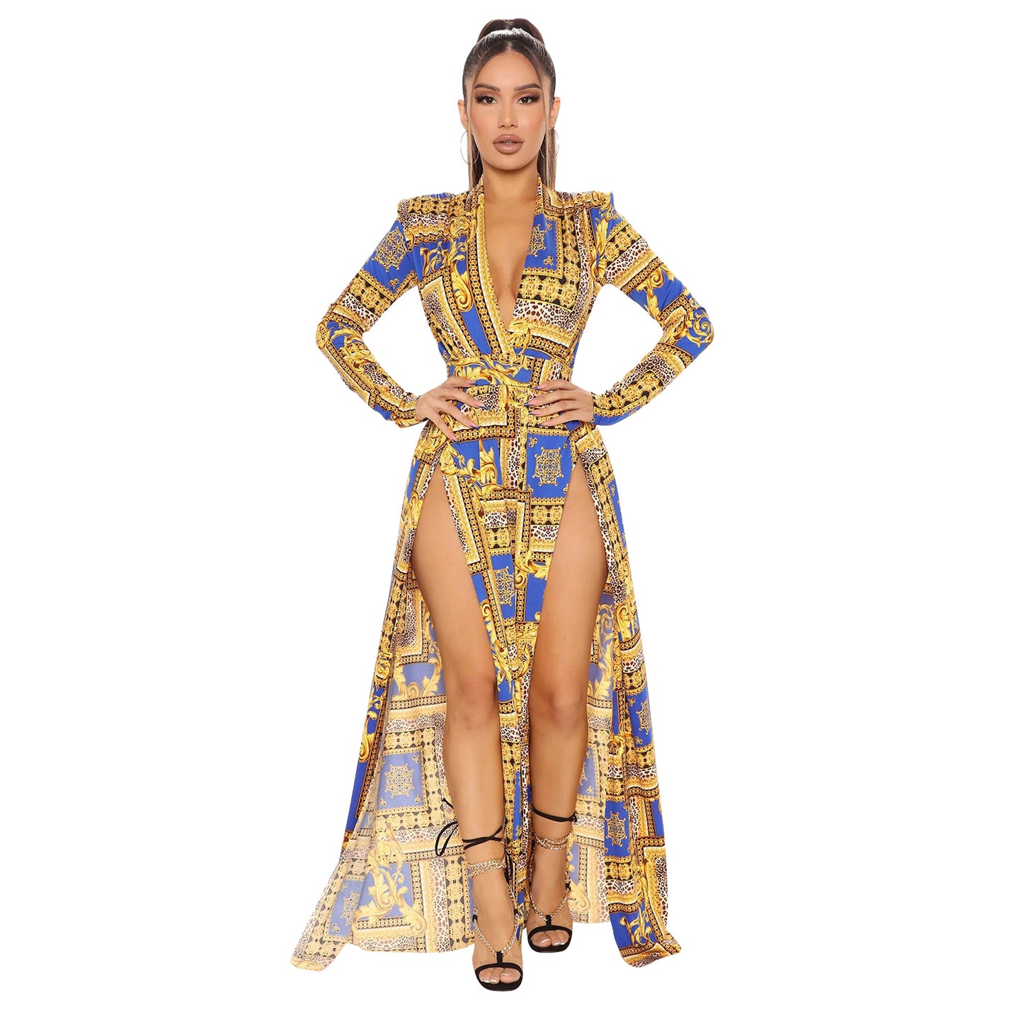 Autumn Winter Women Clothing Sexy Slit Printed Long Sleeved Dress Women